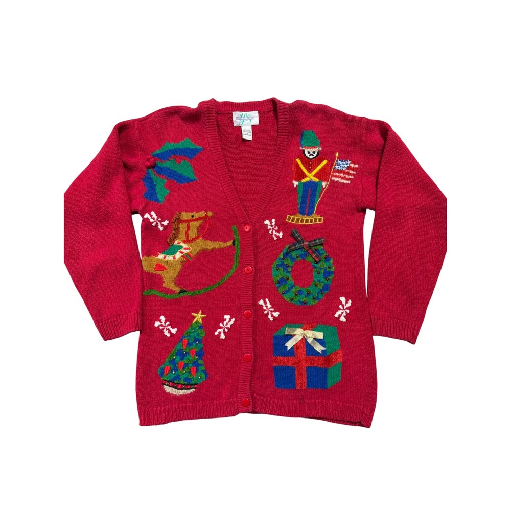 Vintage 90s Young sensations Christmas Cardigan Sweater Rocking Horse Tree S
